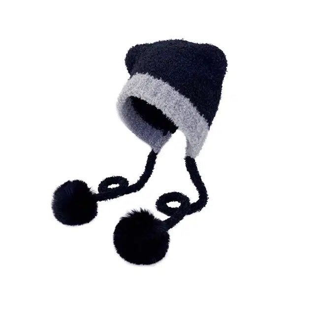 浪莎小熊耳朵毛线帽秋冬针织线帽保暖灰色猫耳可爱显脸小护耳毛线帽