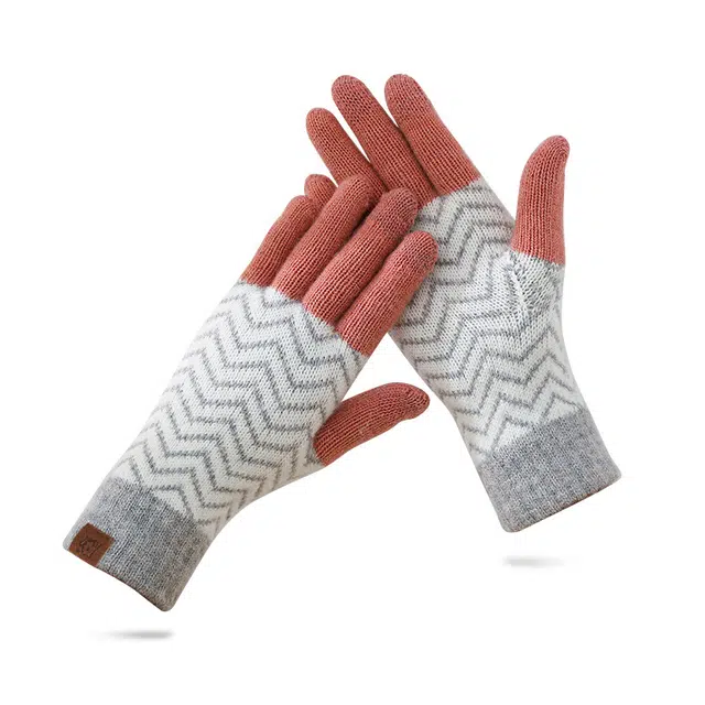 毛线针织格子手套加绒加厚五指触屏冬天骑车保暖手套