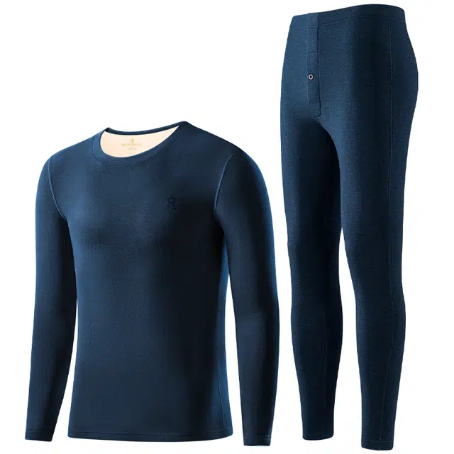 梦特娇 纯色圆领加绒加厚套头长袖上衣松紧腰修身长裤保暖套装 男款