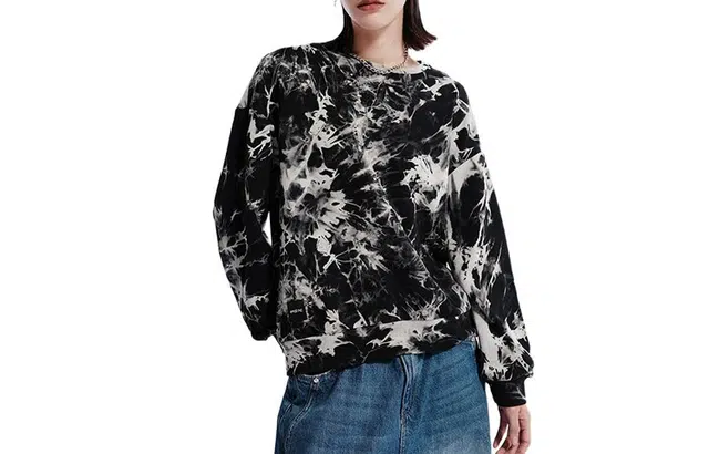 艾莱依 宽松圆领加绒加厚长袖卫衣 女款 黑花