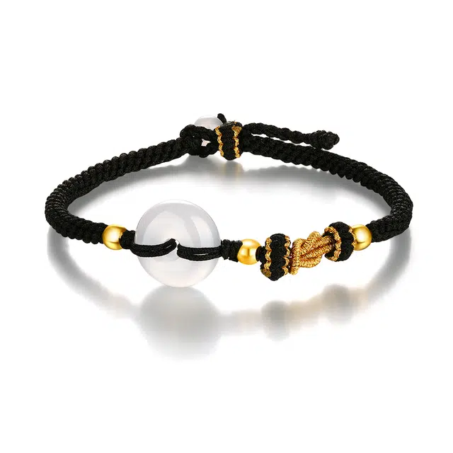 梦金园 多巴胺招财福牌平安扣手工编织银圆珠冰种好运连连玉手绳 玉髓 手链 男女同款情侣款