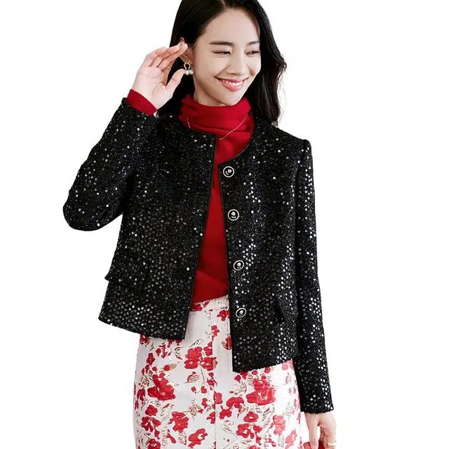 晚白 亮片圆领单排扣休闲截短外套 女款 黑色