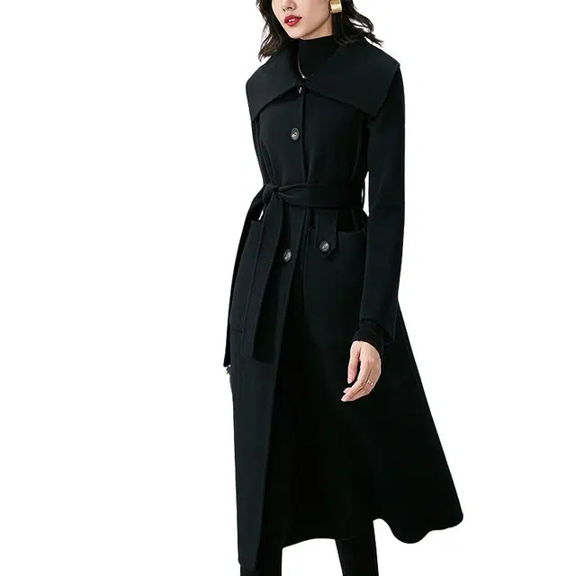 晚白 单排扣纯色双面呢简约大翻领羊毛长款修身大衣 女款 黑色