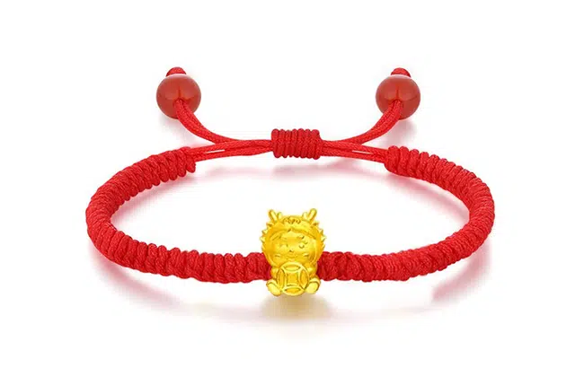 月斐 招财龙本命年转运珠编绳生肖龙手绳 福禄寿喜财红绳 足金 黄金手链 男女同款情侣款