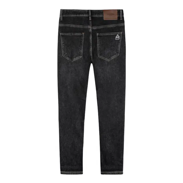 才子 元素刺绣磨毛微弹修身水洗耐磨拉链牛仔裤 男款 黑色