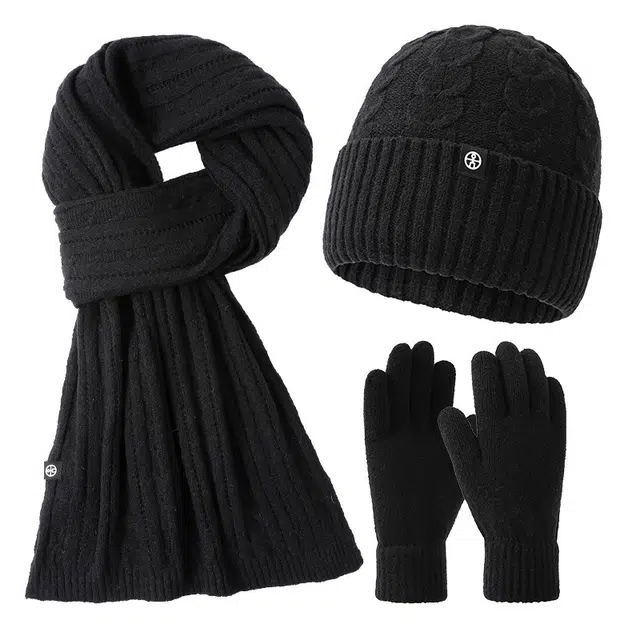 山一丸 秋冬保暖针织三件套户外加绒加厚 绒线围巾 男女同款情侣款