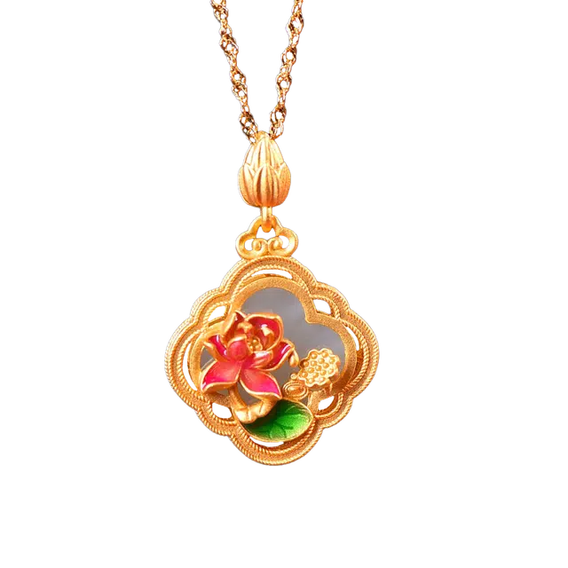 舒杰 四叶草荷花 复古国风设计 和田玉 项链 女款 白玉