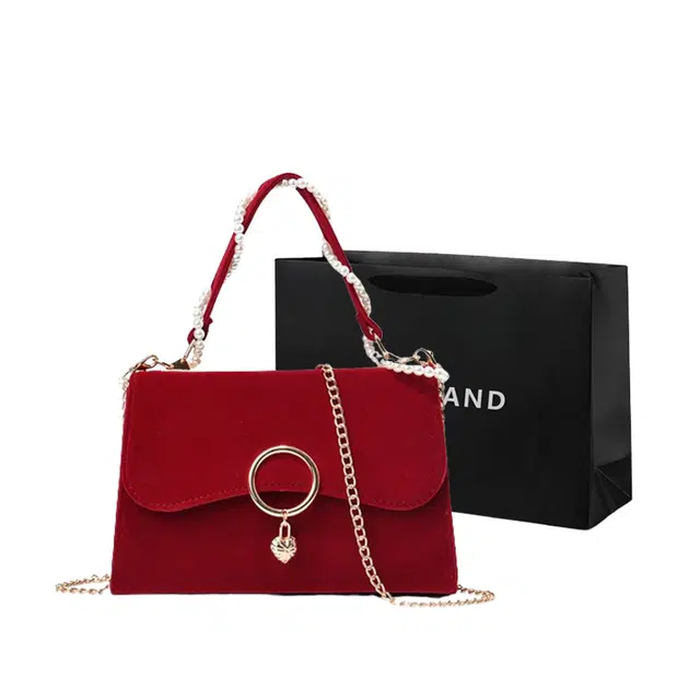 PINK·LAND Pearl Suede Shoulder Bag Red