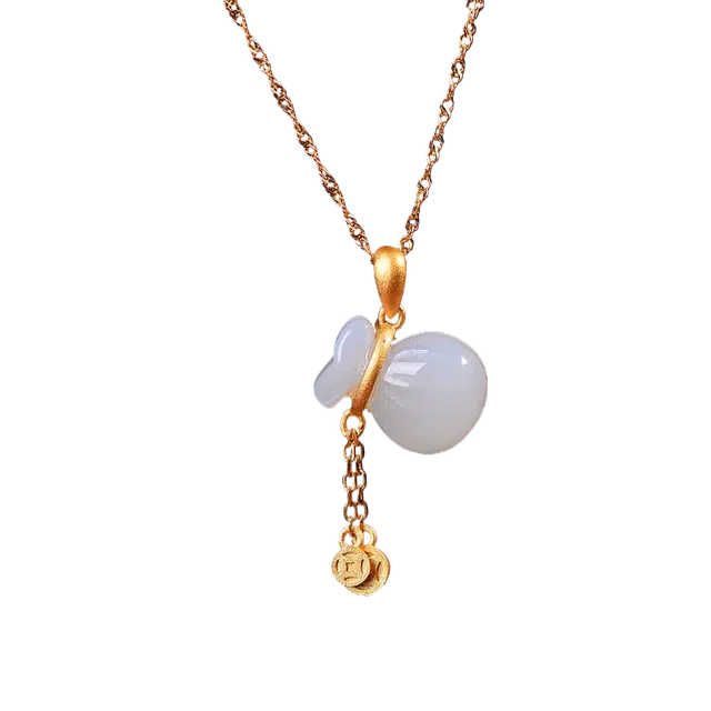 舒杰 财源滚滚钱袋 招财进宝中式国风设计 和田玉 项链 男女同款情侣款 白玉