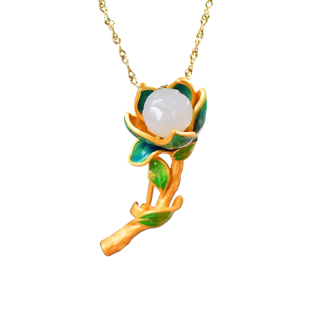 舒杰 连连如意莲花 中式国风珐琅设计 和田玉 项链 男女同款情侣款 白玉