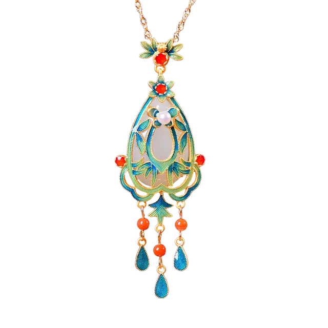 舒杰 水滴珐琅配多宝 中式复古民族风 和田玉 项链 女款 白玉