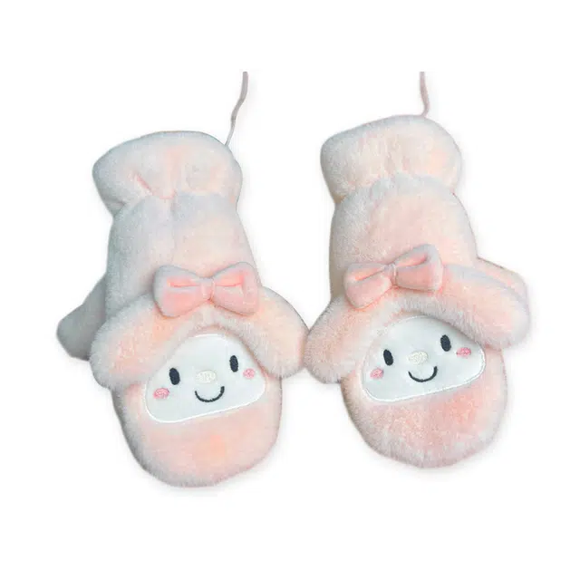 浪莎 毛绒加厚挂脖连指卡通可爱蝴蝶结 冬季保暖手套 女款