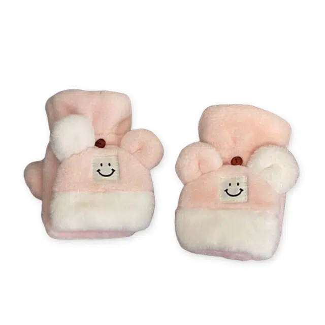 浪莎 笑脸小熊漏指翻盖写字加绒加厚卡通防寒户外 冬季保暖毛绒手套 男女同款情侣款