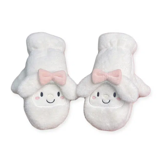 浪莎 毛绒挂脖连指卡通蝴蝶结可爱学生 冬季加厚保暖手套 女款