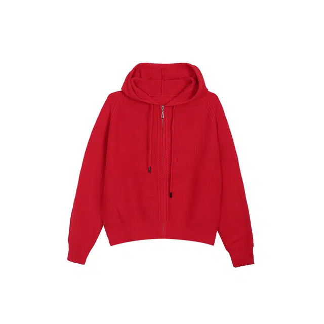 麓蔓蒂 连帽拉链开衫纯色基础款保暖针织衫外套 女款