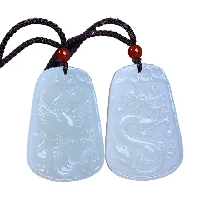 舒杰 龙凤和鸣龙凤牌    中式设计 和田玉 项链 男女同款情侣款 白玉