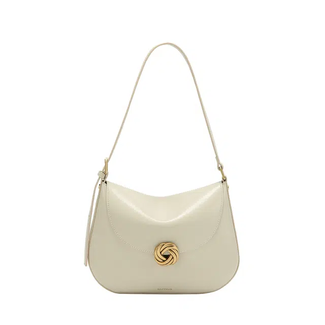 西木汀 浮云奶盖小众高级感 牛皮 马鞍包单肩包腋下包斜挎包 中号 女款 奶白色/气泡绿