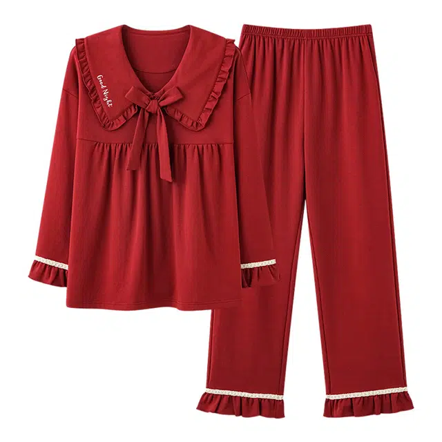 橡柠派 秋冬款圆领蝴蝶结保暖情侣款新婚结婚纯色本命年套装纯棉长袖长裤家居套装 男女同款 红色