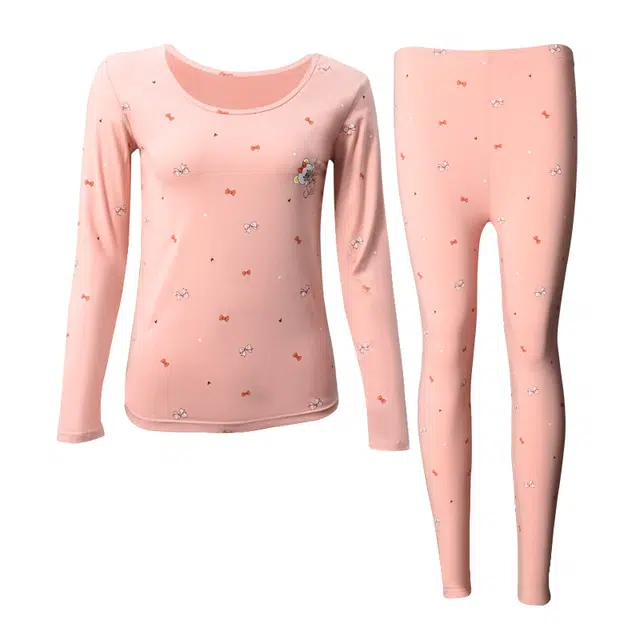 俏佳人 少女打底云感棉亲肤卡通印花圆领套头薄款保暖套装 女款 粉色