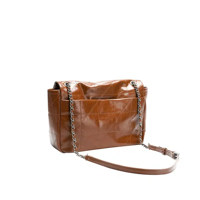 西木汀 光影魅力高级感 牛皮 菱格链条包斜挎单肩包 中号 女款 焦糖棕/深邃黑