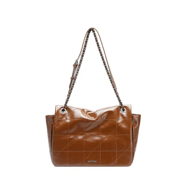 西木汀 光影魅力高级感 牛皮 菱格链条包斜挎单肩包 中号 女款 焦糖棕/深邃黑