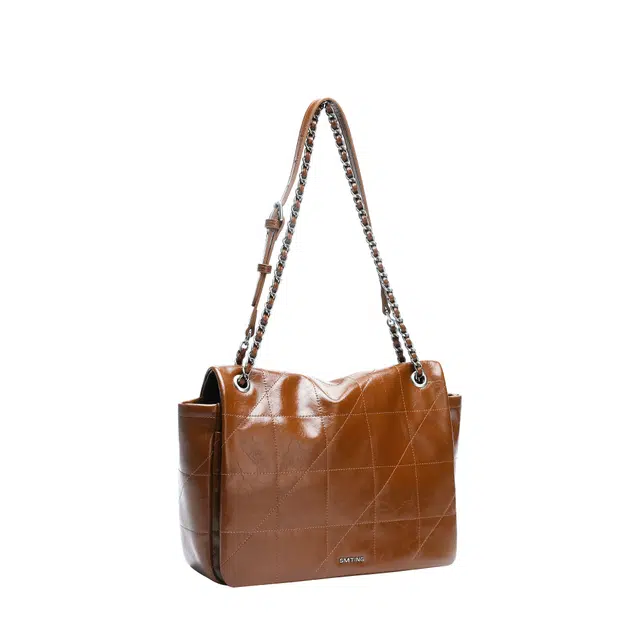 西木汀 光影魅力高级感 牛皮 菱格链条包斜挎单肩包 中号 女款 焦糖棕/深邃黑
