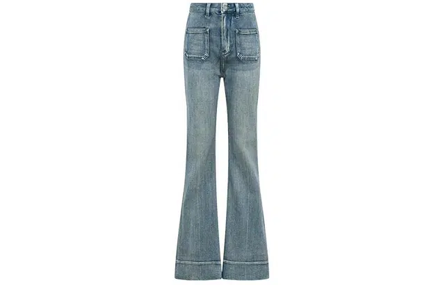 美洋 纯色高腰拉链喇叭牛仔裤 女款 蓝色