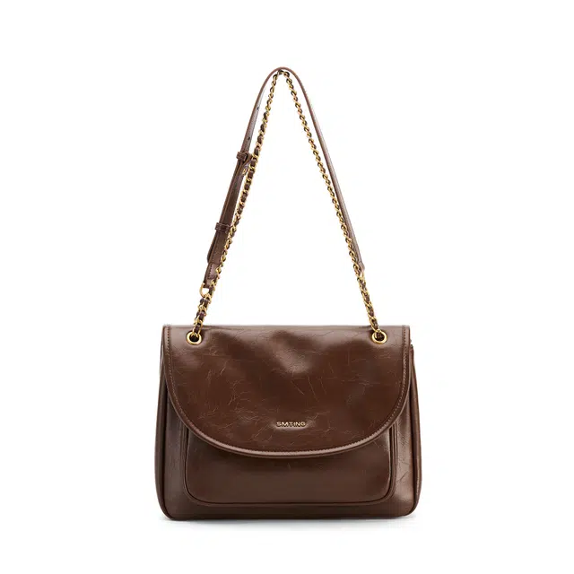 西木汀 静观流年 小众高级感 牛皮 链条包斜挎单肩包 小号 女款 咖啡色/黑色