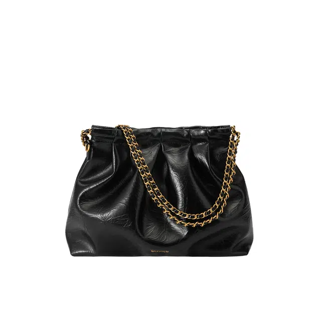 西木汀 小众链条设计 牛剖层革 手提斜挎单肩包 中号 男女同款情侣款 经典黑/奶白色