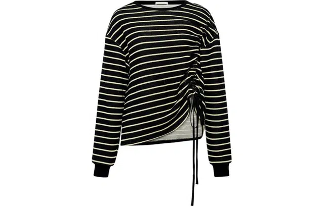 美洋 条纹低圆领套头休闲长袖针织衫 女款 黑拼杏色