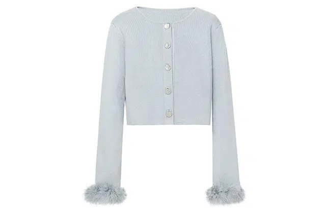 美洋 羽翼小开衫拆卸毛袖圆领针织衫 女款 灰蓝色