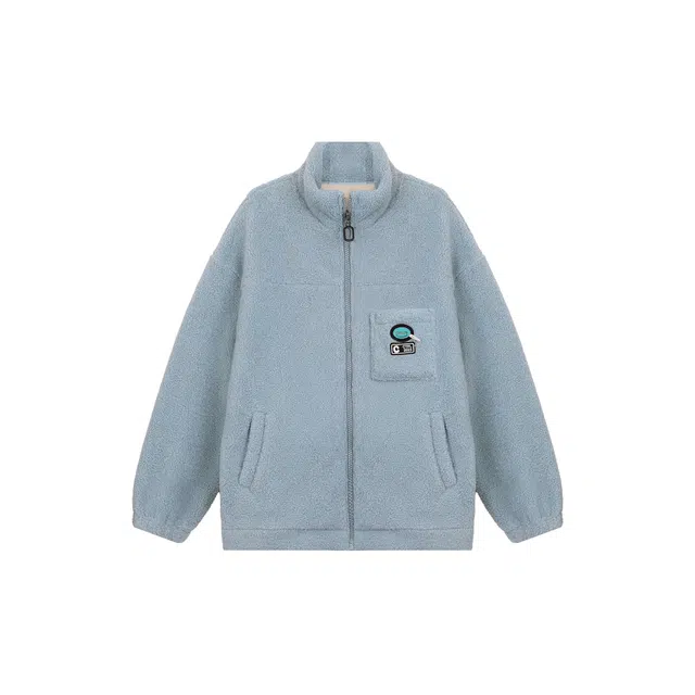 麓蔓蒂 仿羊羔绒立领拉链口袋章仔图案宽松保暖加厚绒感外套 男女同款