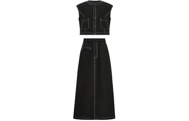 美洋 撞色明线单排扣无袖马甲中腰休闲长裙裙装套装 女款 黑色