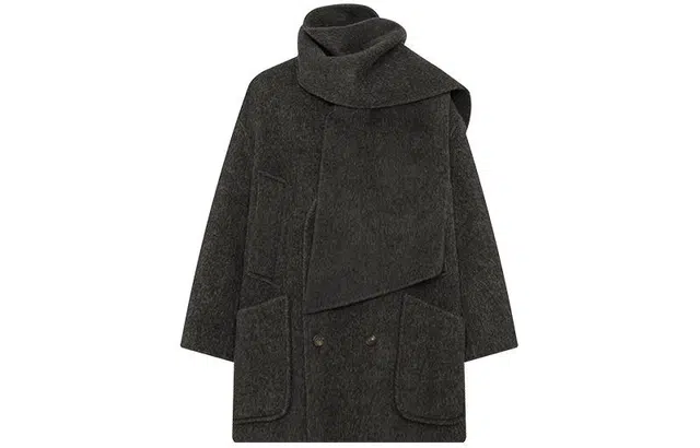 美洋 纯色老钱风排扣围巾双面呢大衣 女款 深灰