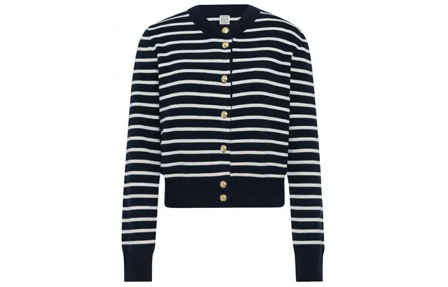 美洋 简约单排扣低圆领长袖毛衣 女款 蓝白条纹