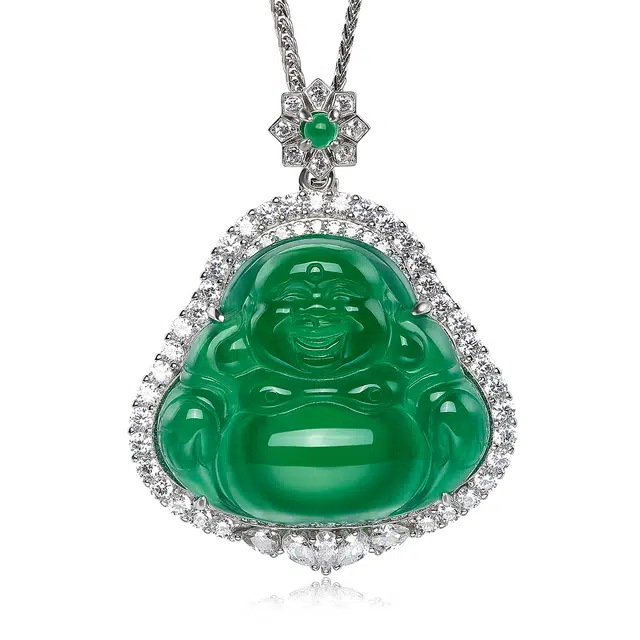 翠雅金楼 奢华国潮新中式国风玉首饰豪华满镶笑佛 玉髓 玉石吊坠 女款