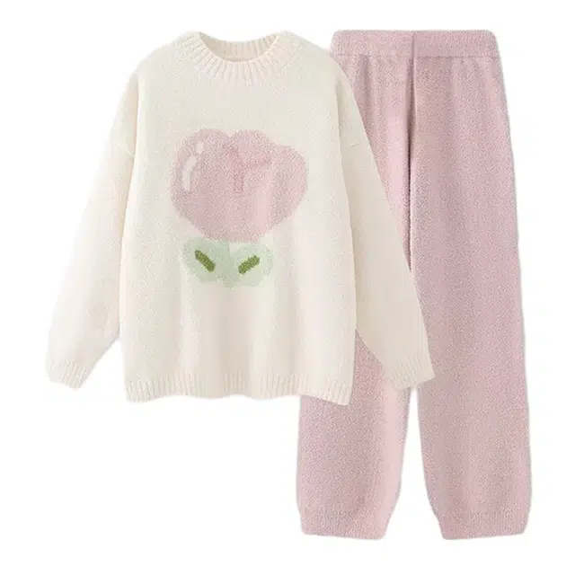 橡柠派 冬季睡衣珊瑚绒小清新郁金香简约甜美居家两件套圆领套头长袖长裤家居服套装 女款 象牙白