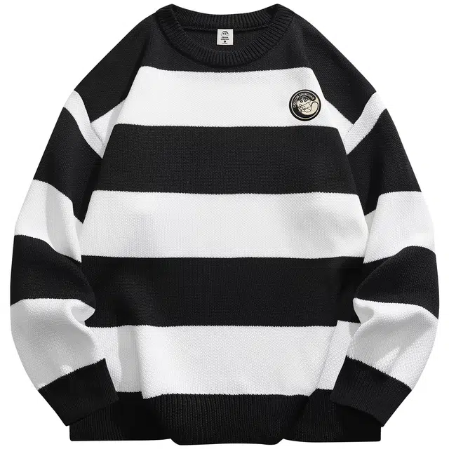 蜡笔小新 撞色条纹卡通人物徽标休闲宽松套头圆领针织衫毛衣 男女同款