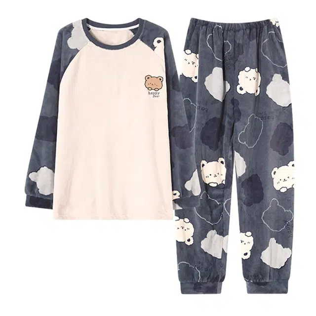 橡柠派 秋冬款珊瑚绒加绒加厚简约圆领套头开心小兔子小熊可爱保暖情侣款拼接色长袖长裤家居套装 男女同款 多色可选