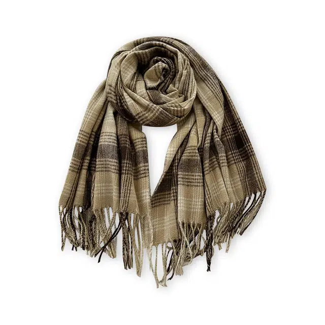 浪莎 仿羊绒保暖围脖流苏款 秋冬条纹格围巾 男女同款情侣款