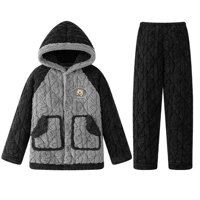 怀尔蔚 珊瑚绒加绒三层夹棉简约休闲超厚保暖可外穿家居服睡衣套装 男款