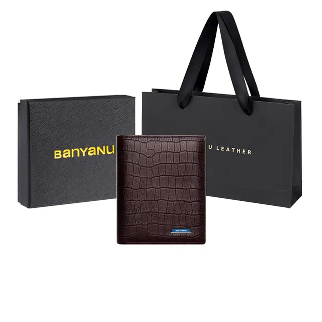 班亚奴 实用防盗刷时尚鳄鱼纹短款钱夹超薄 牛皮 钱包卡包 常规 男款 黑色/咖啡色