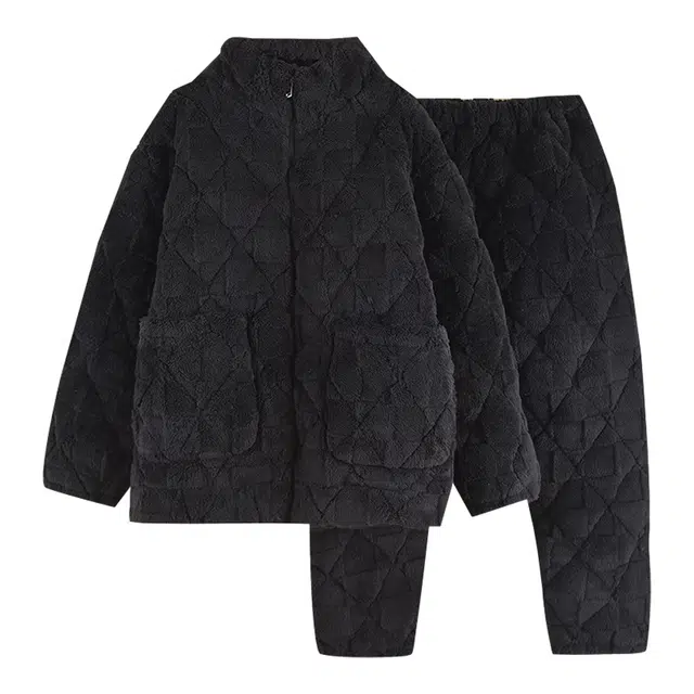 橡柠派 秋冬款三层夹棉珊瑚绒拉链款加绒加厚简约立领纯色开衫保暖情侣款长袖长裤家居套装 男女同款 暗夜黑