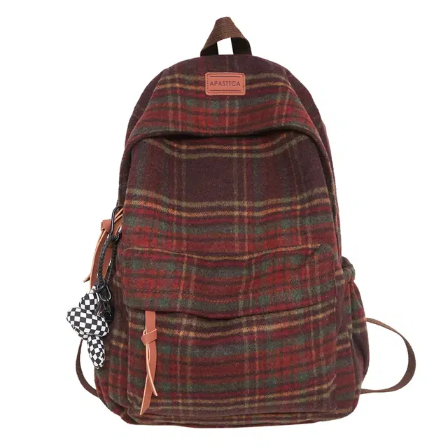 德力熊 日系复古格纹学生韩版小众百搭 毛呢 书包背包双肩包 常规 女款 红/绿