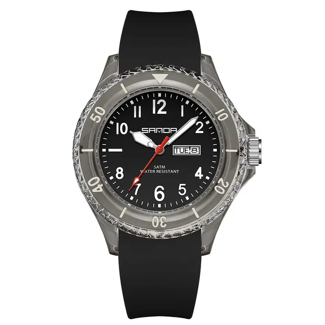 三达石英手表学生男女同款户外防水夜光简约可爱日历透明表壳国表 黑色表盘男女同款石英机芯