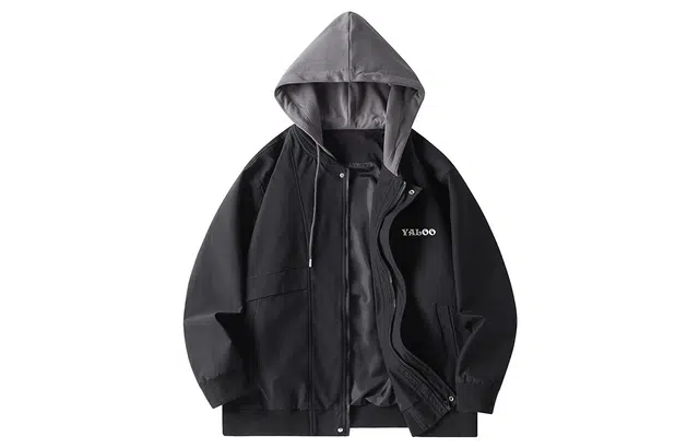 雅鹿 美式复古图案字母印花假两件拼接宽松落肩连帽夹克外套 男女同款