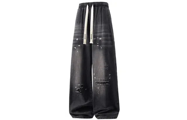 雅鹿 美式复古水洗做旧高街破洞直筒宽松阔腿休闲牛仔裤 男女同款