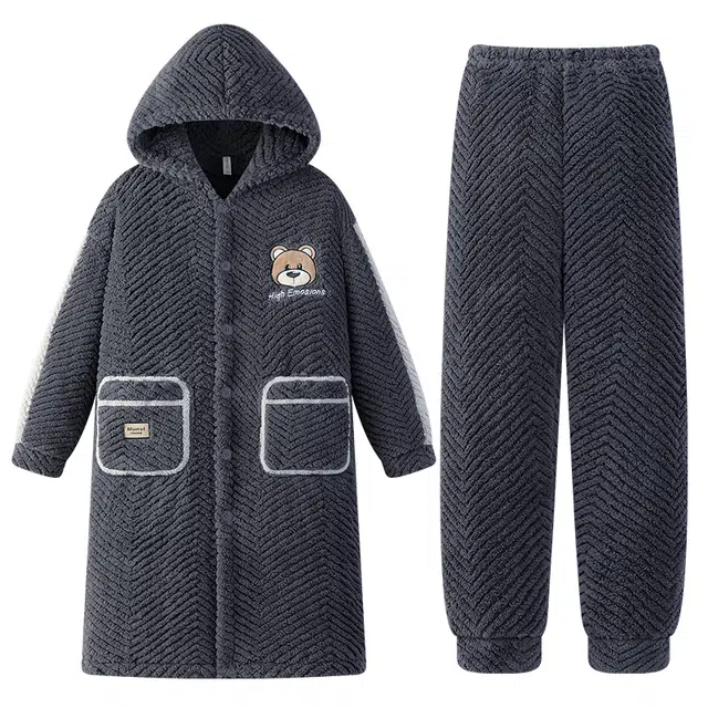 兰缪 秋冬季珊瑚绒男生 睡衣 卡通大象加厚加绒可外穿家居服睡衣套装 男款 黑色