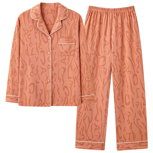 顶瓜瓜 单排扣翻领休闲长袖上衣松紧腰直筒长裤睡衣套装 女款 橙色