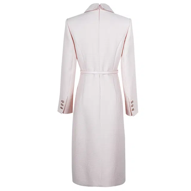 米思阳 气质温柔风纯色西装领华夫格收腰长袖连衣裙 女款 浅粉色